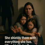 Domestic Violence: Woman against the wall shielding her two female children from a violent partner
