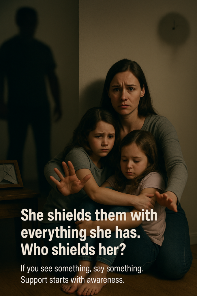 Domestic Violence: Woman against the wall shielding her two female children from a violent partner