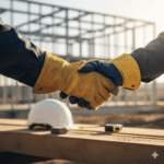 A close up of two hands in a supportive handshake or mentorship gesture, one hand wearing work gloves, experienced reaching out to support another hand in newer gloves, with construction tools and hardhat slightly blurred in the background