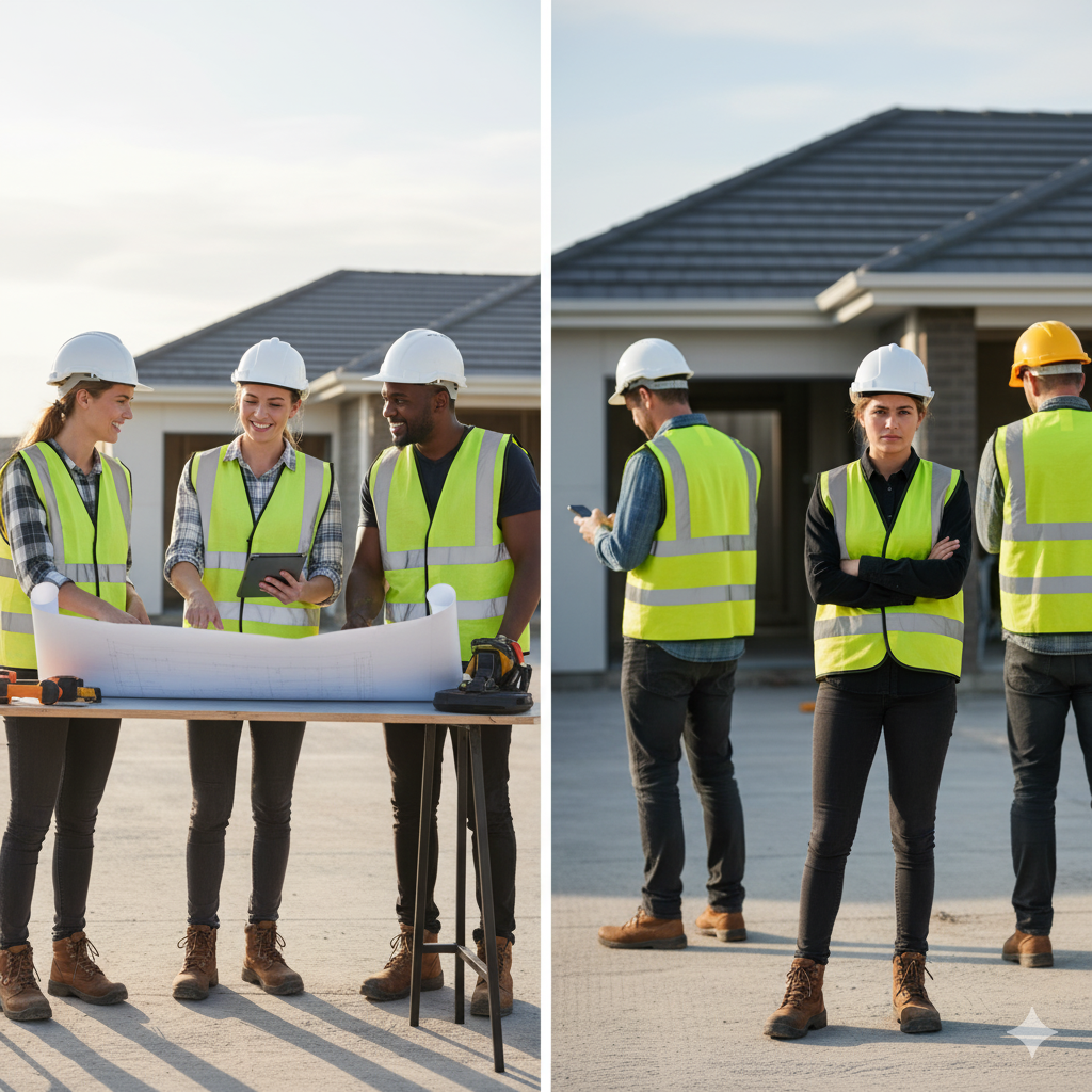 a diverse group of smiling construction workers (including women) collaborating on a modern construction site, sharing plans, genuine teamwork and respect visible in their body language and expressions
