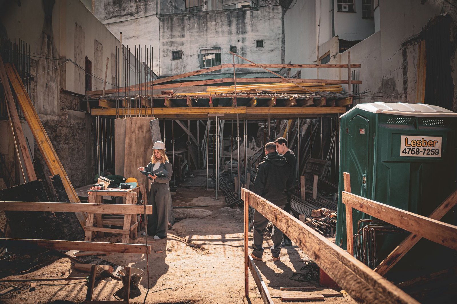 A construction supervisor speaking with two workers on site